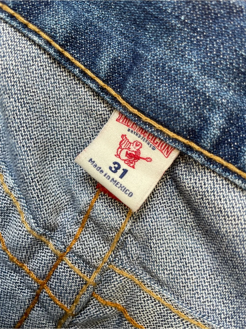True Religion Blue Straight Leg Jeans with Faded Whiskering